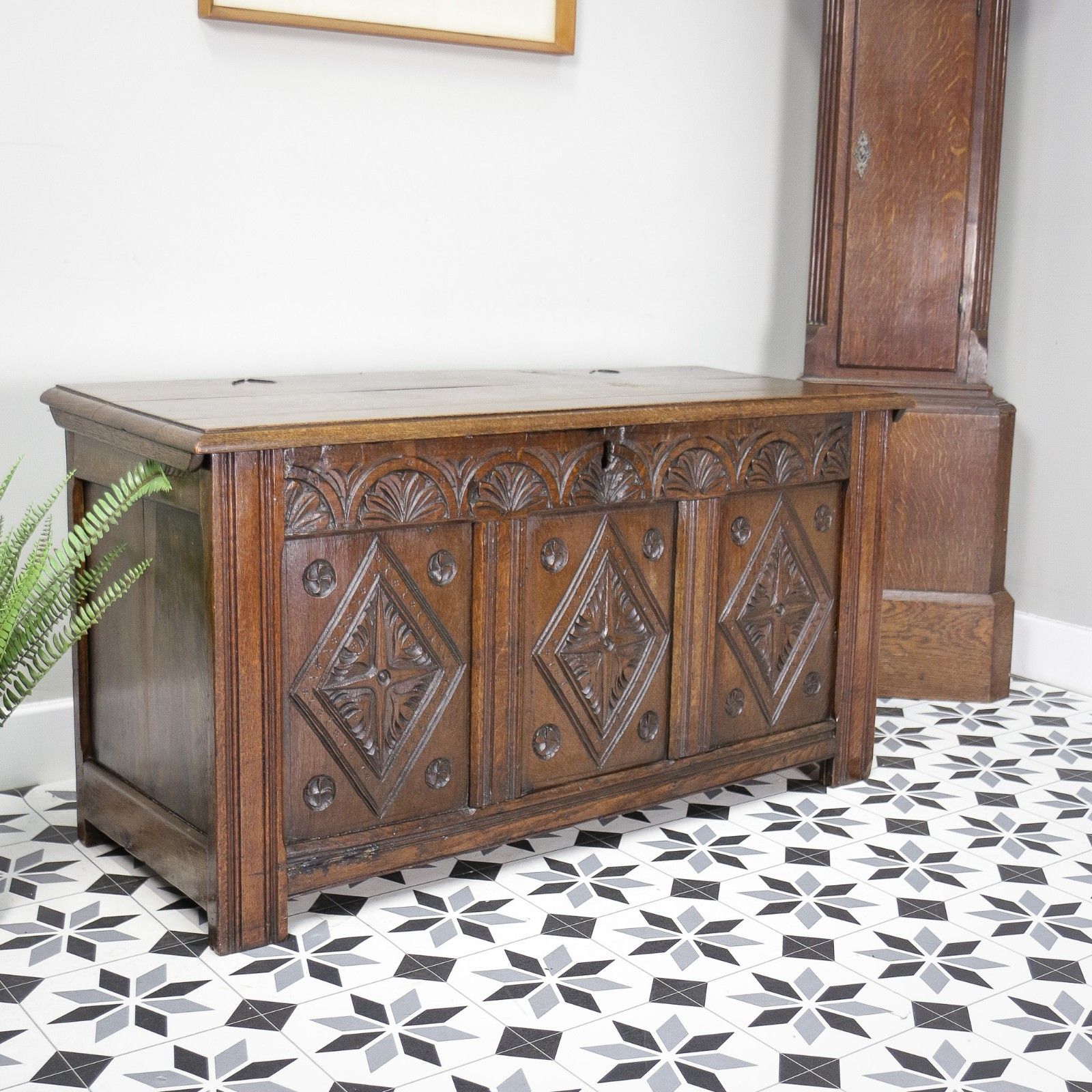 Antique Georgian Oak Coffer Three Panel Carved photo furniture