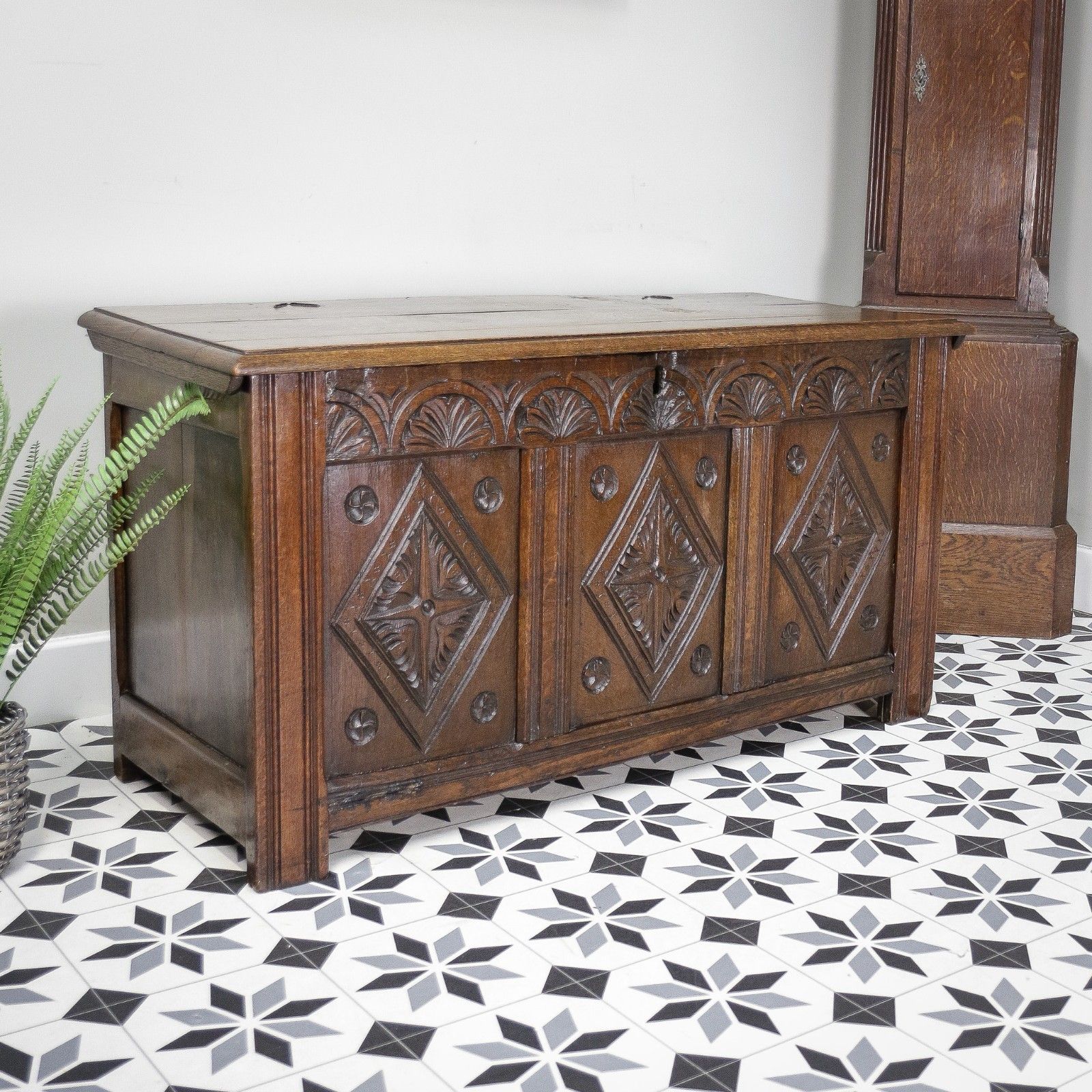 Antique Georgian Oak Coffer Three Panel Carved photo for sale
