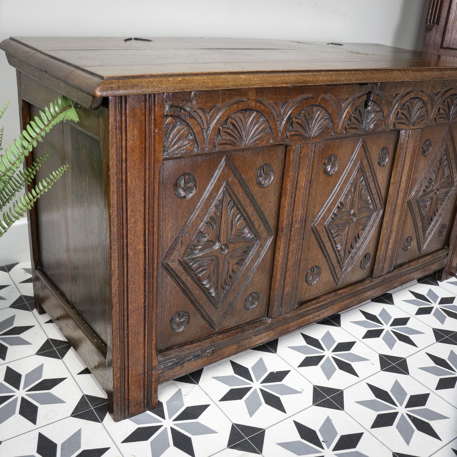 Antique Georgian Oak Coffer Three Panel Carved photo Furniture