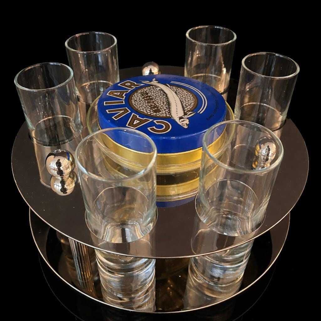 Caviar Server Set With 6 Shot Glasses, Stainless Steel Holder, Made In Italy