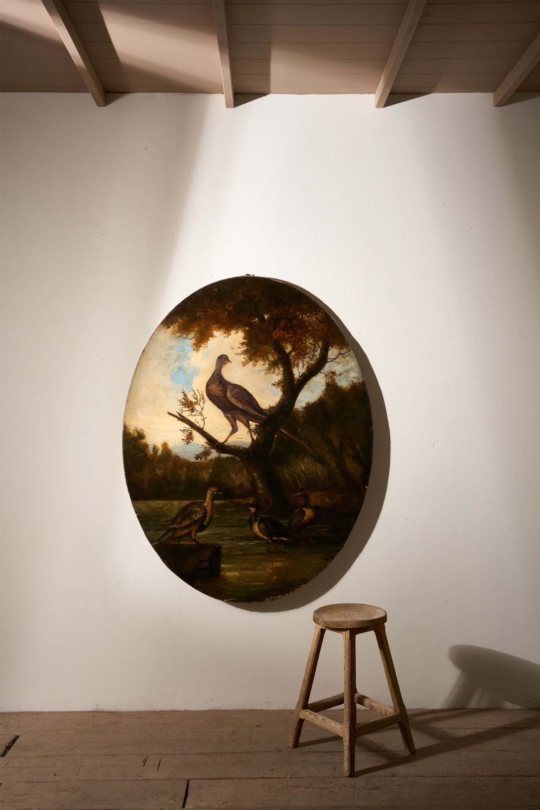 19th Century Very Large Oval Oil On Canvas Painting Of Birds photo furniture
