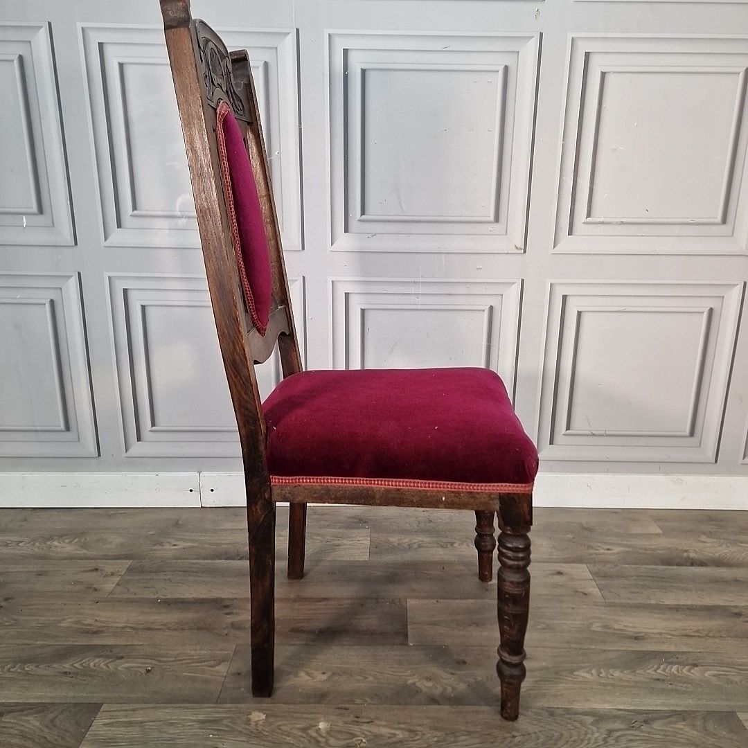 photo for sale Antique Oak Dining Chair Carved Back Velvet Victorian Throne Seat Vintage