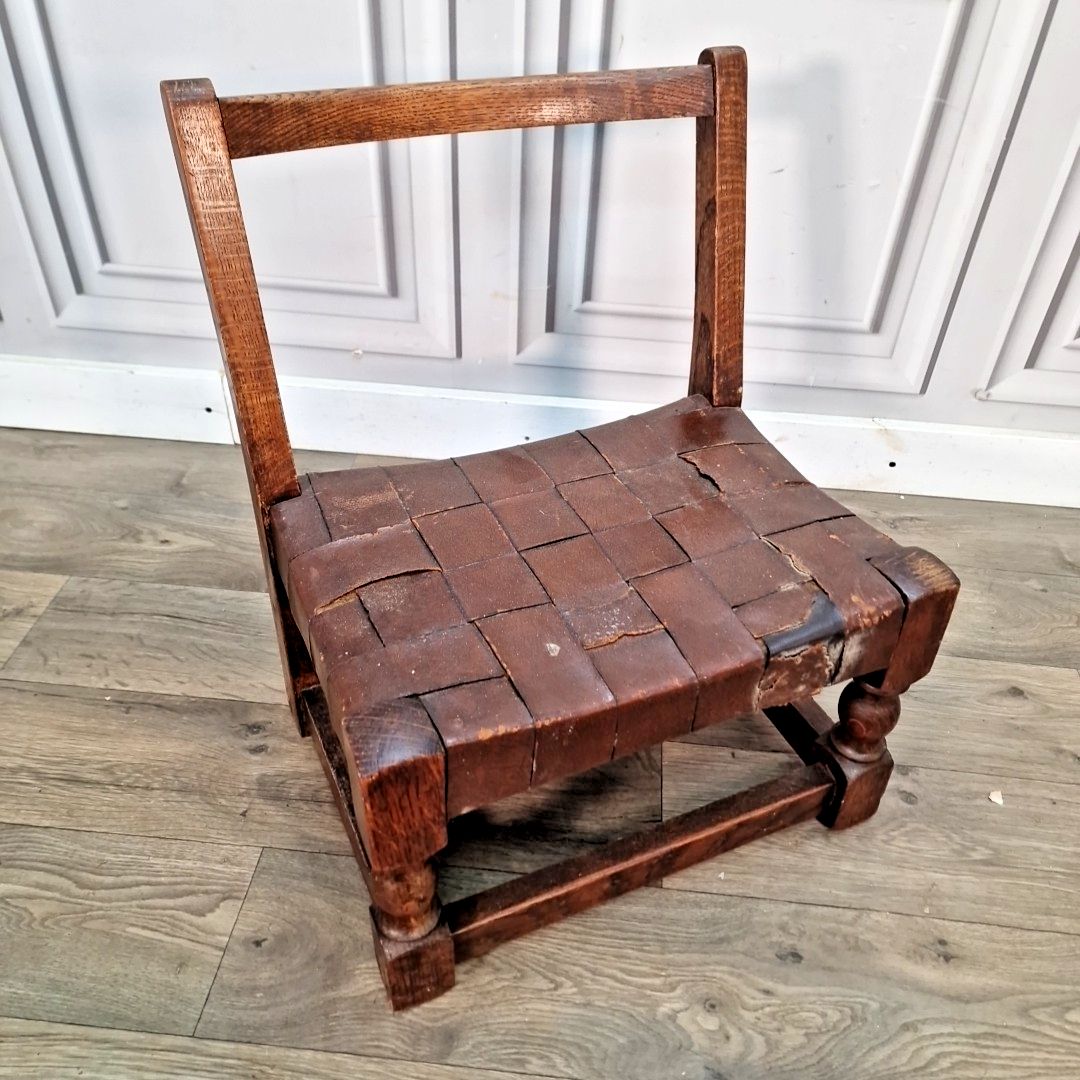 Antique Low Oak Chair Stool Jacobean Revival Arts & Crafts Leather Fireside Seat photo furniture