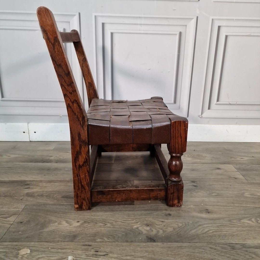 Furniture Antique Low Oak Chair Stool Jacobean Revival Arts & Crafts Leather Fireside Seat photo