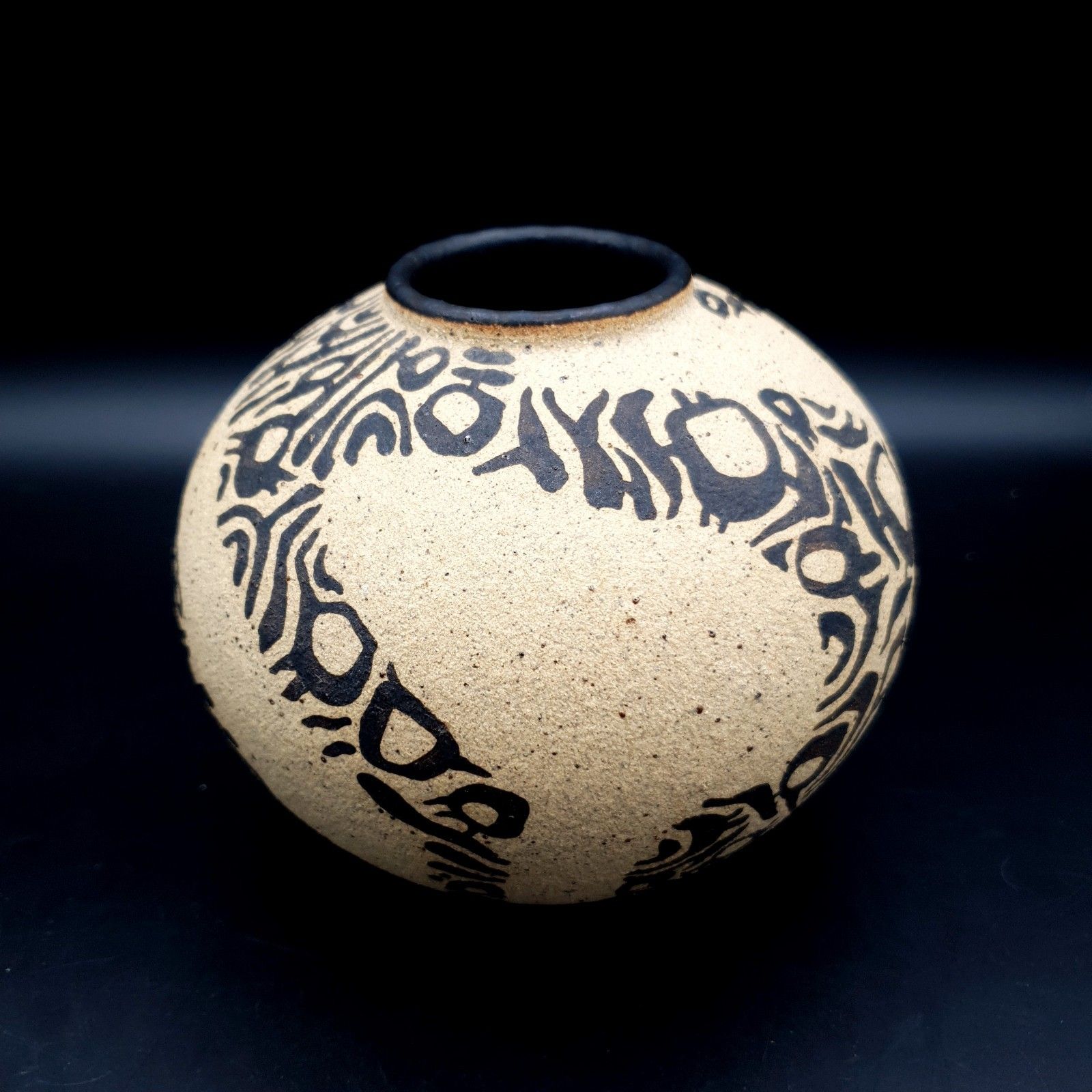 Vintage Studio Pottery Vase H 13cm Stoneware Spherical Black Slip Signed