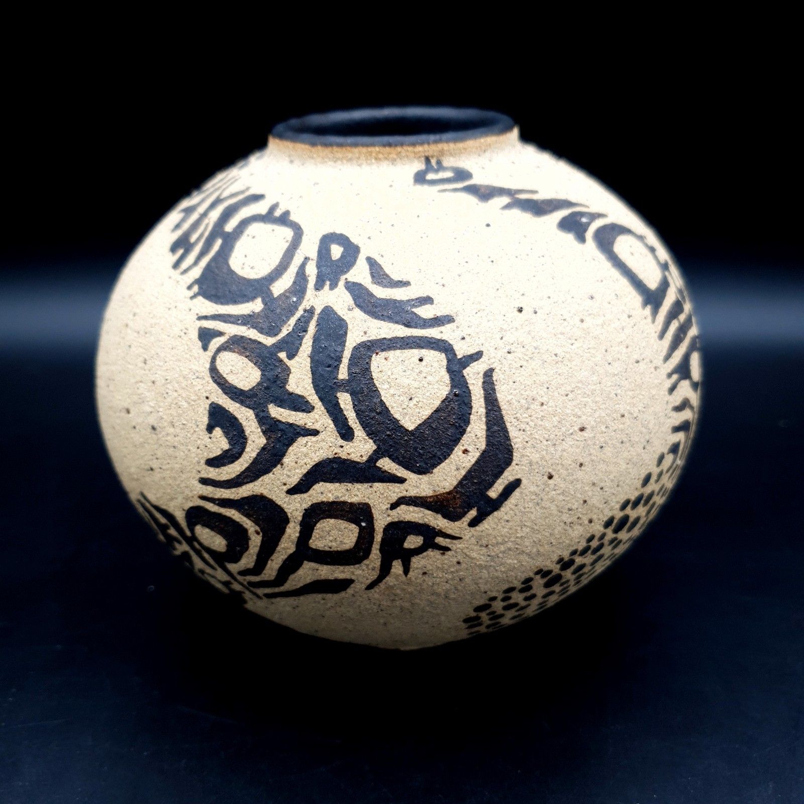 Vintage Studio Pottery Vase H 13cm Stoneware Spherical Black Slip Signed photo furniture