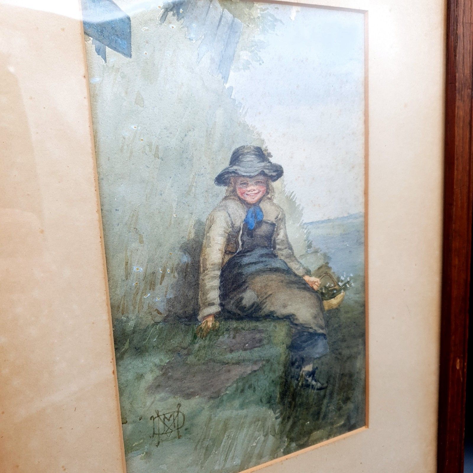 Antique Signed Watercolour Flower Girl C1890 1910 Wood Framed W30cmxh41cm photo vintage