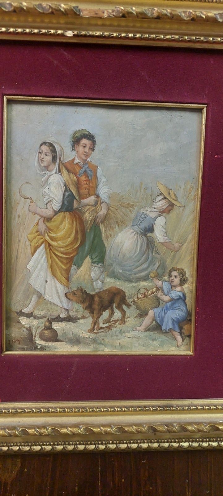 Antique 19th Century Oil Table Signed Wood Painting Folk Scene photo furniture