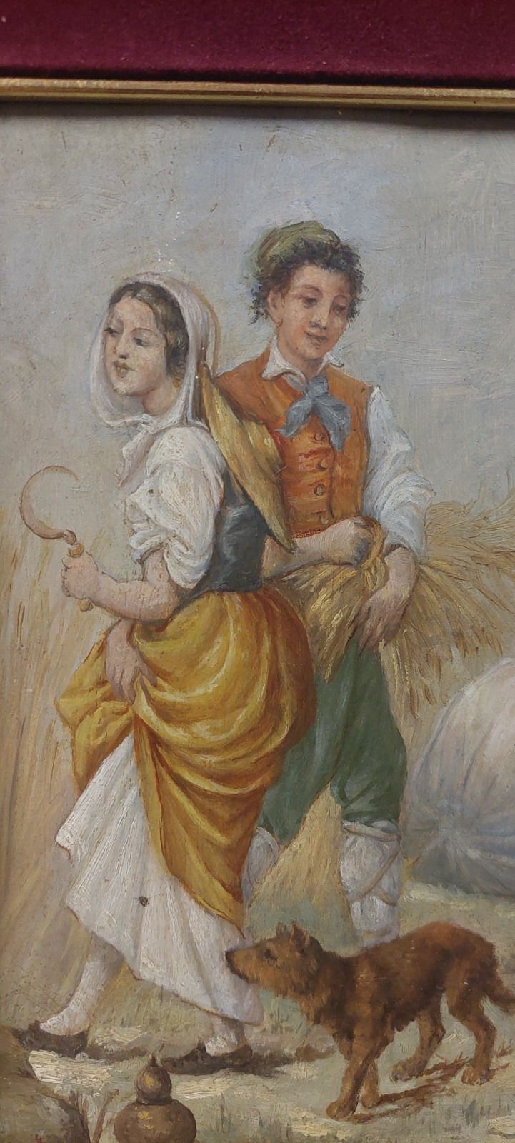 photo furniture Antique 19th Century Oil Table Signed Wood Painting Folk Scene