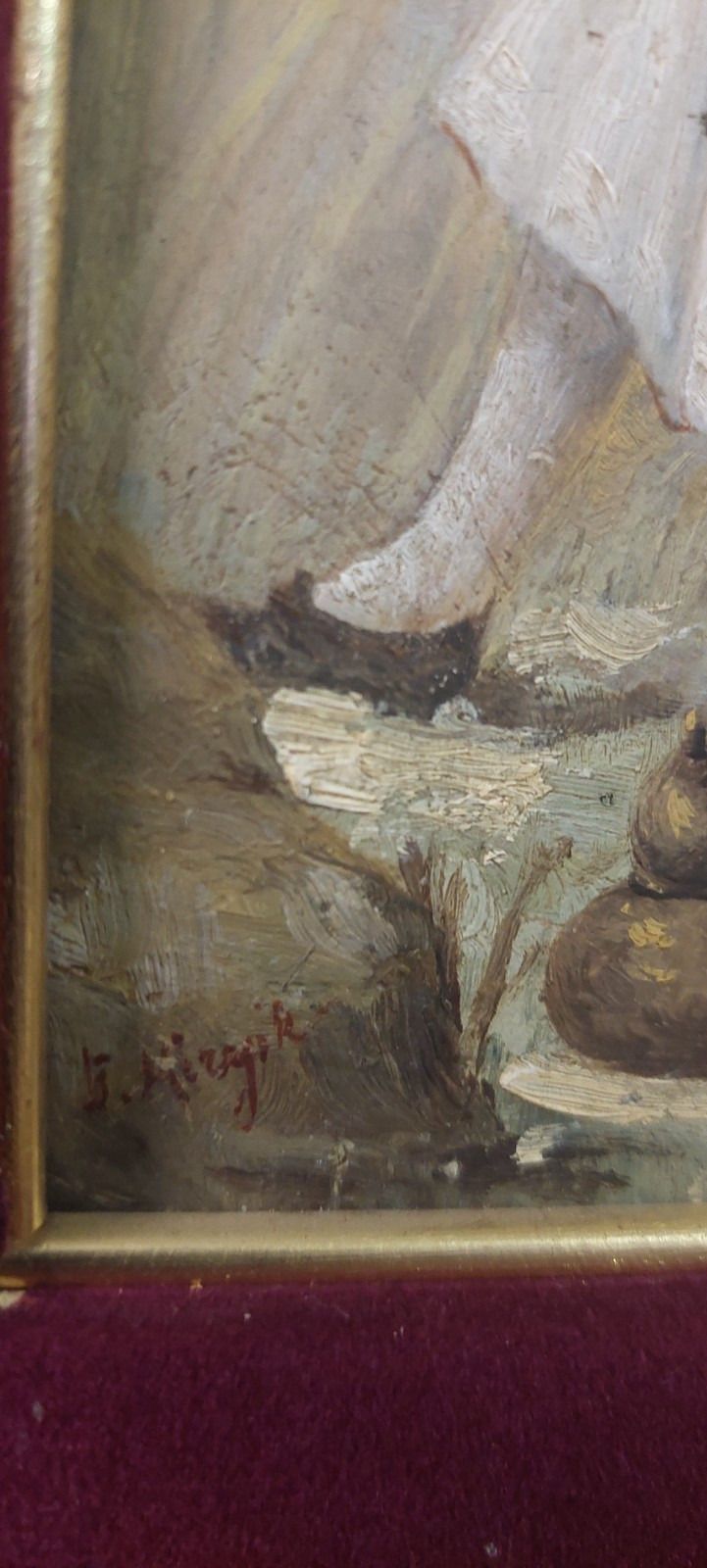 231.0 Antique 19th Century Oil Table Signed Wood Painting Folk Scene photo
