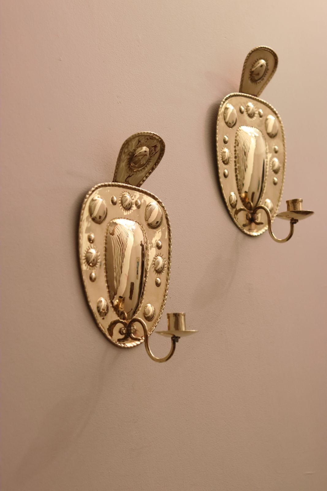 photo for sale Pair Of Mid Century Swedish Brass Sconces By A W Borgh, 1950s.