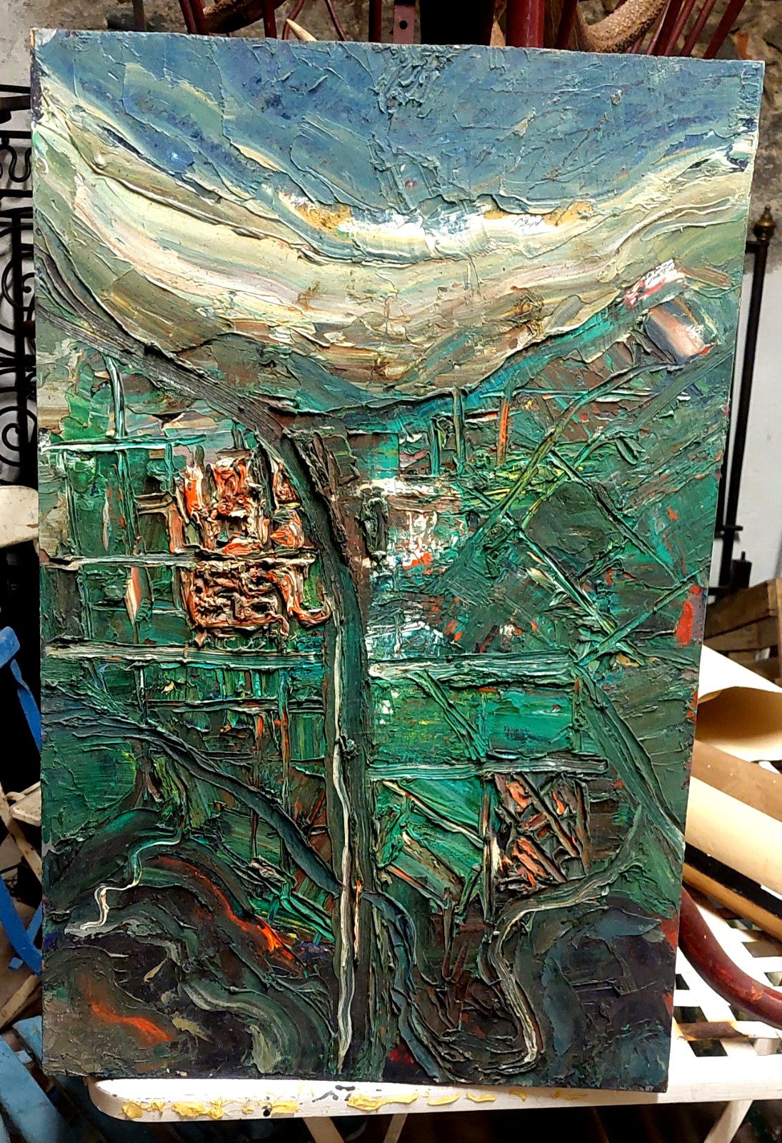 photo vintage Oil Painting Raffaello Giannelli 1911 1974 "Aerostation" Abstract 1963