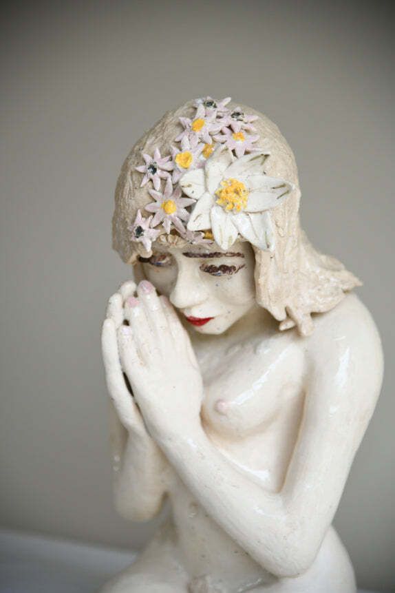 Studio Pottery Seated Female Figure With Floral Headdress photo vinterior