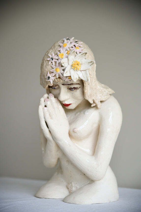 Studio Pottery Seated Female Figure With Floral Headdress photo vintage