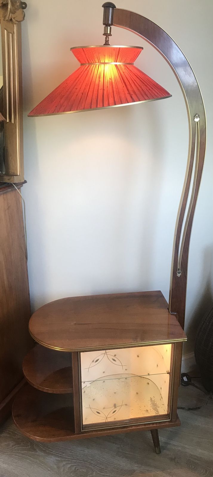 1950’s Walnut Display Cabinet With Original Lamp And Shade By Wilhelm Krechlok
