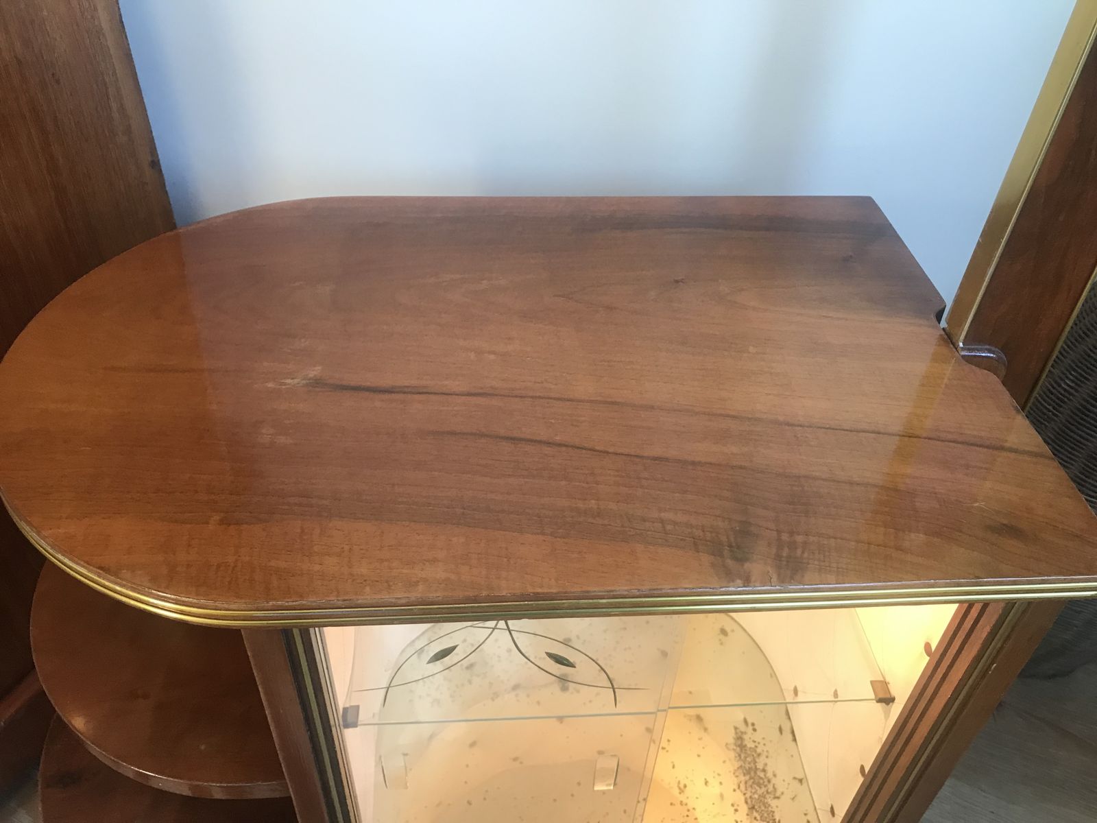 1950’s Walnut Display Cabinet With Original Lamp And Shade By Wilhelm Krechlok photo for sale