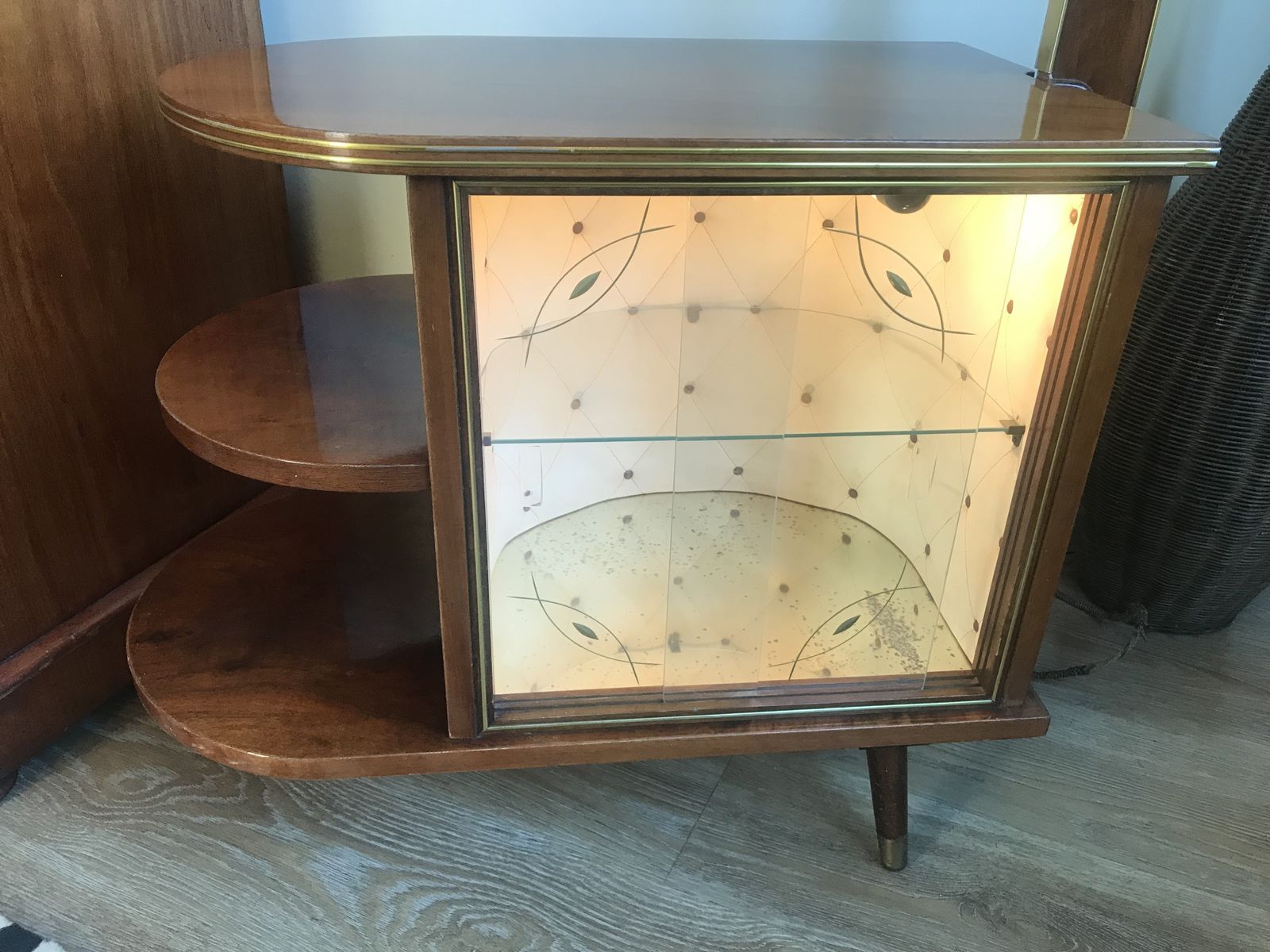 1950’s Walnut Display Cabinet With Original Lamp And Shade By Wilhelm Krechlok photo vintage