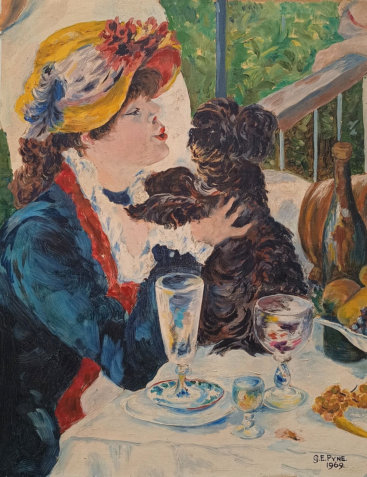 Oil Painting Girl With Dog At Luncheon Boat Party After Renoir. photo for sale