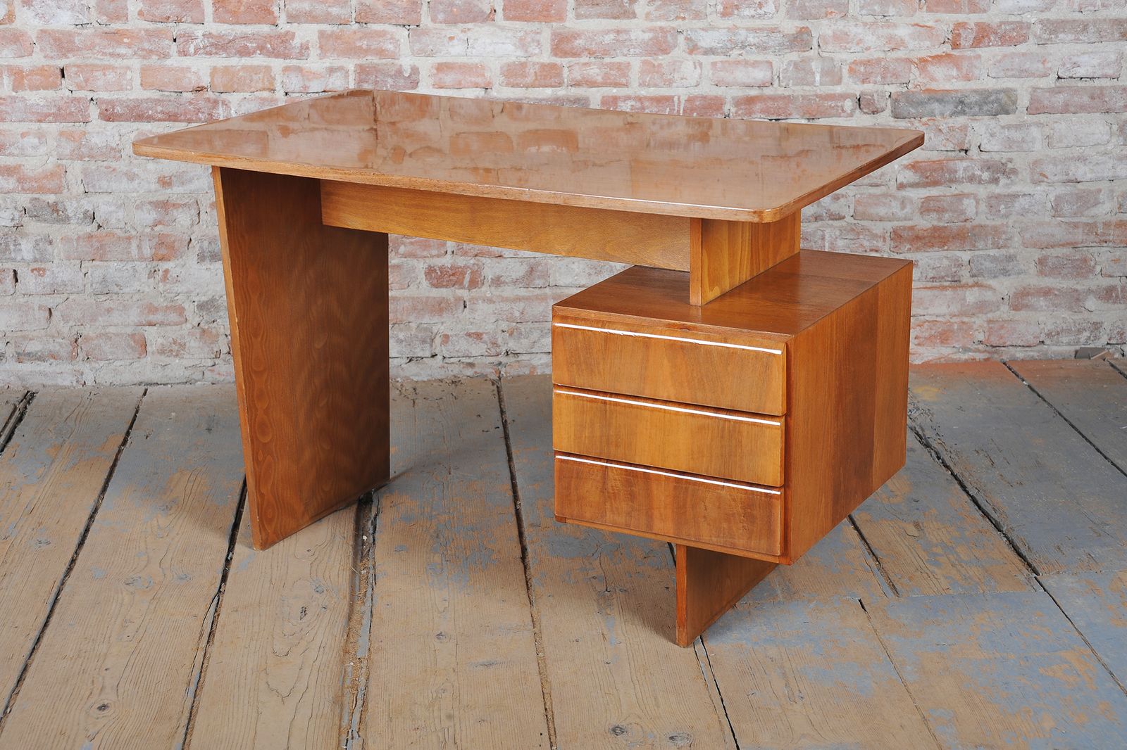 Restored Mid Century Writing Desk, By B. Landsman, Walnut, Oak, Czech, 1950s photo for sale