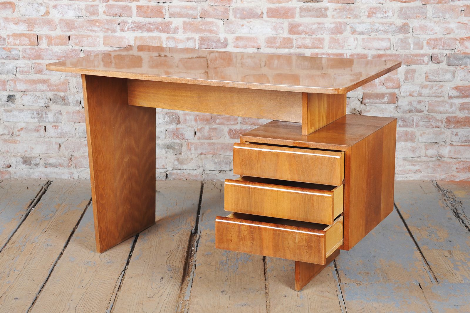 Restored Mid Century Writing Desk, By B. Landsman, Walnut, Oak, Czech, 1950s photo Furniture