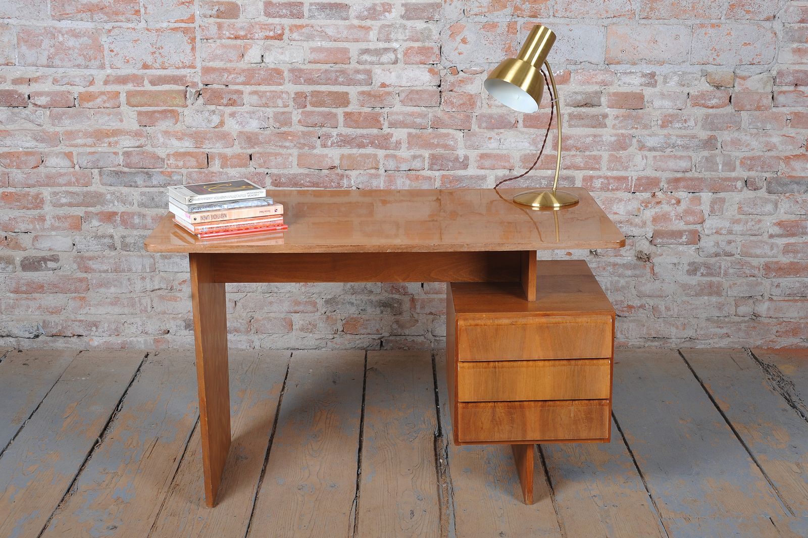 Restored Mid Century Writing Desk, By B. Landsman, Walnut, Oak, Czech, 1950s photo vintage