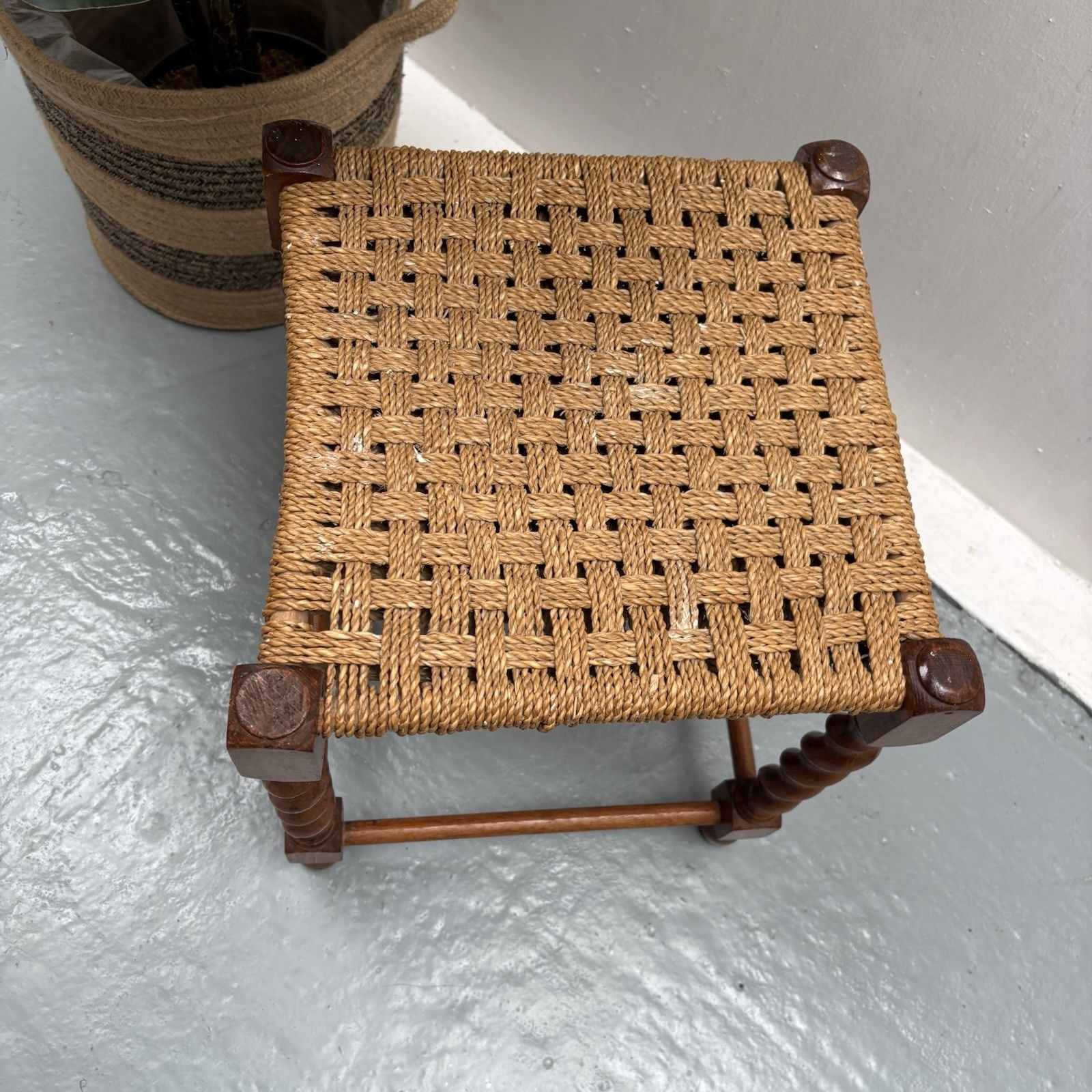 Vintage French Woven Jupe Rope Sea Grass Square Foot Stool Table Barley Twist photo Furniture