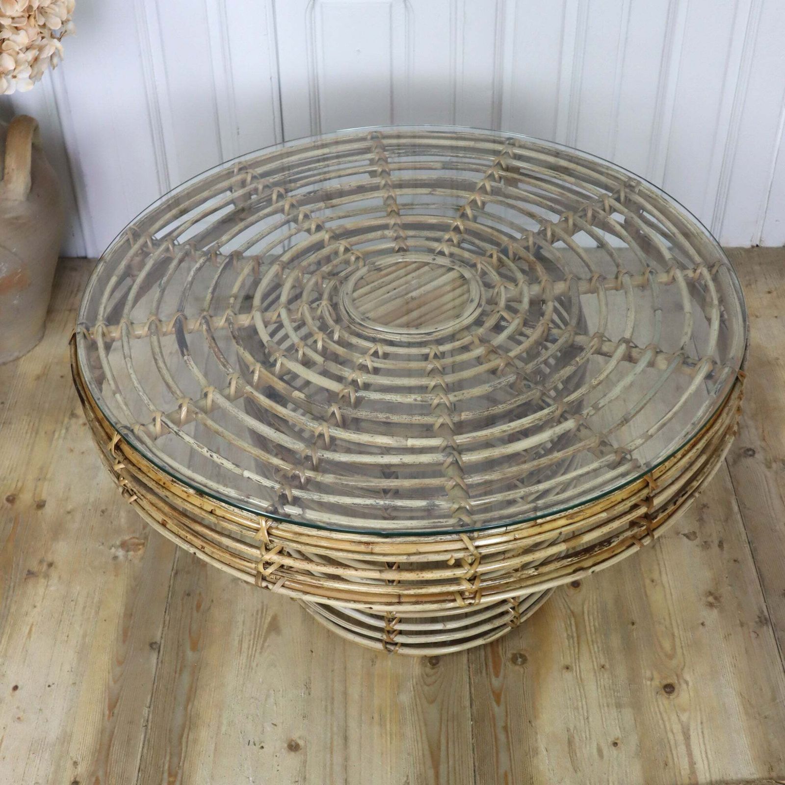 Mid Century Rattan Circular Coffee Table photo for sale