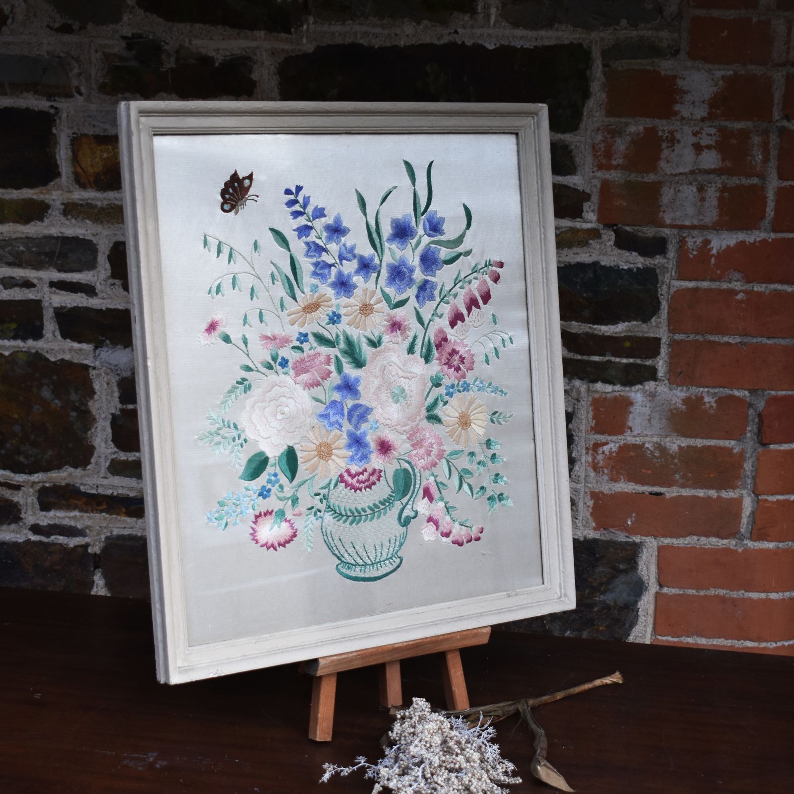 Antique Handmade Crewelwork Vase Of Flowers Embroidery Tapestry On Silk Framed photo furniture