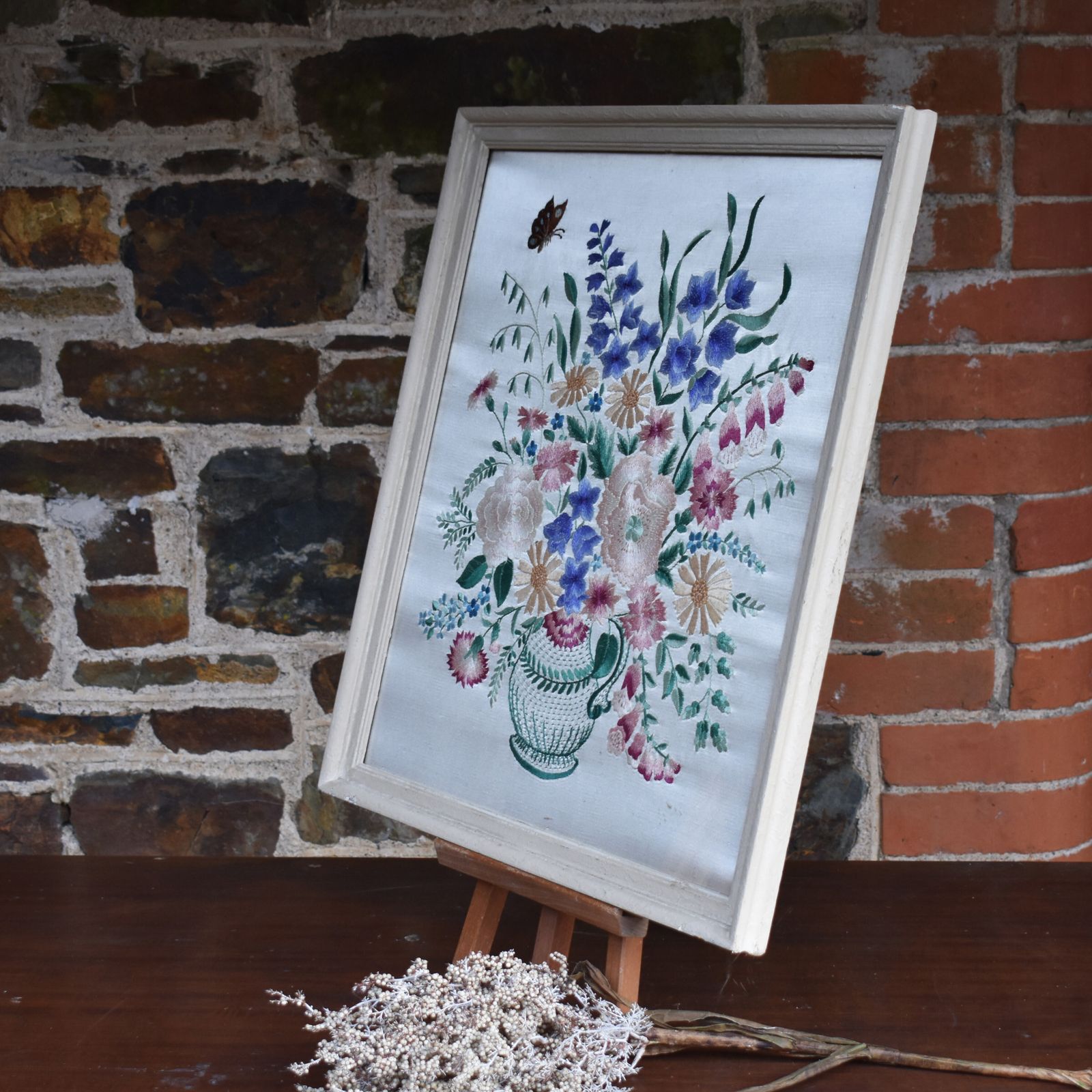 Antique Handmade Crewelwork Vase Of Flowers Embroidery Tapestry On Silk Framed photo buy
