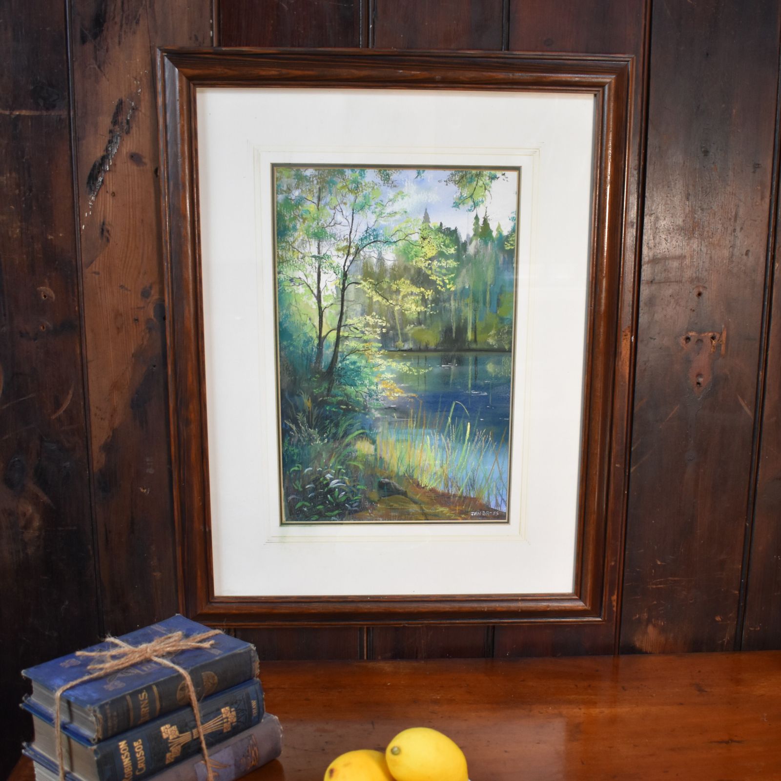 Vintage Jan Bates Blue Lake & Green Forest Trees Gouache Pastel Framed Picture photo vinterior