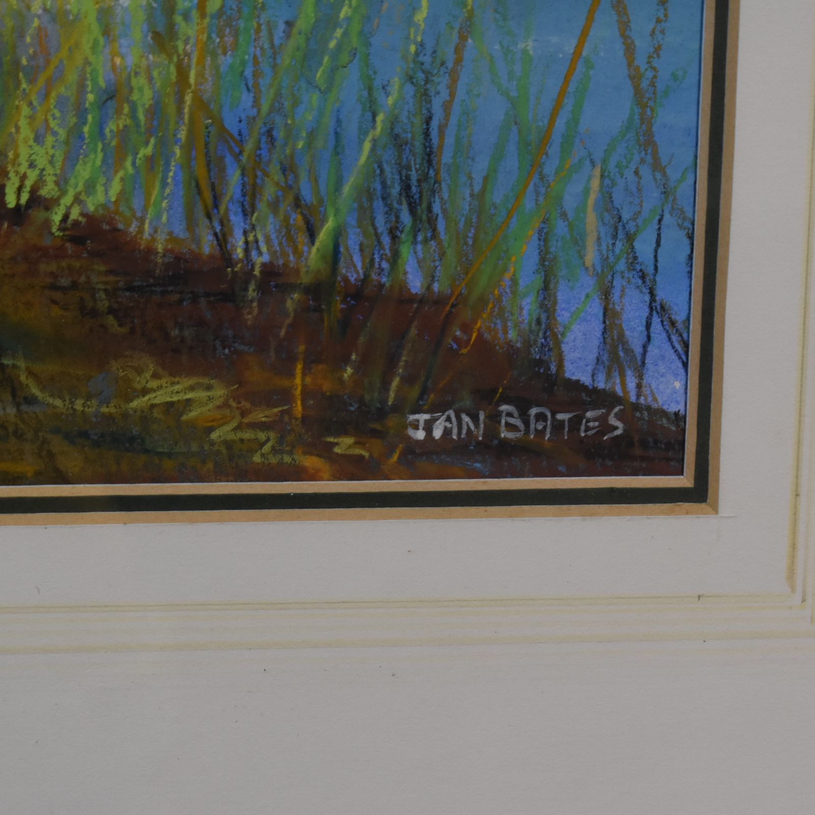 Vintage Jan Bates Blue Lake & Green Forest Trees Gouache Pastel Framed Picture photo vintage