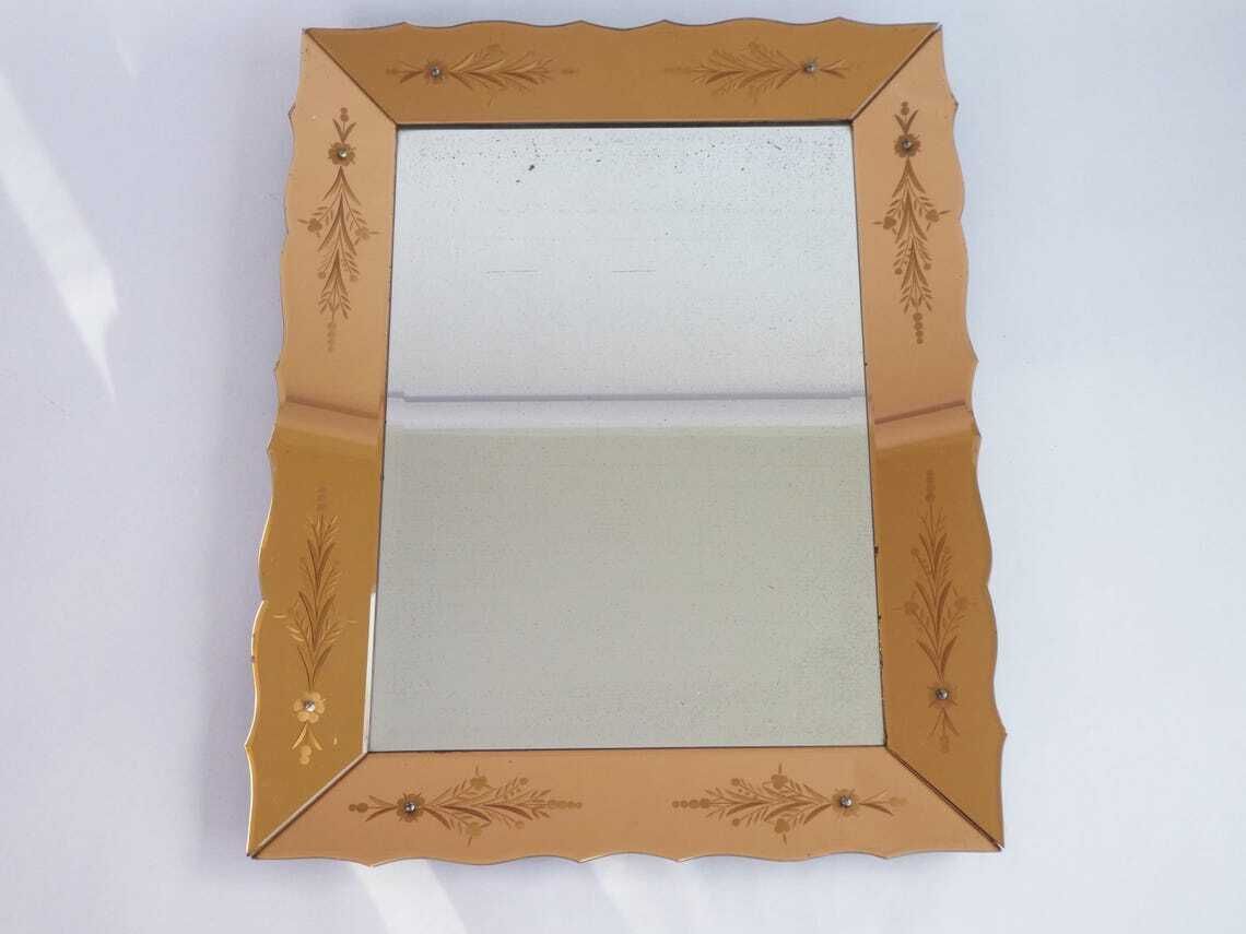 Large Venetian Bronze Rectangular Mirror With Etched Details Heavy Italian Ornate Wall Mirror With Carved Edges Italian Wall Hanging photo for sale