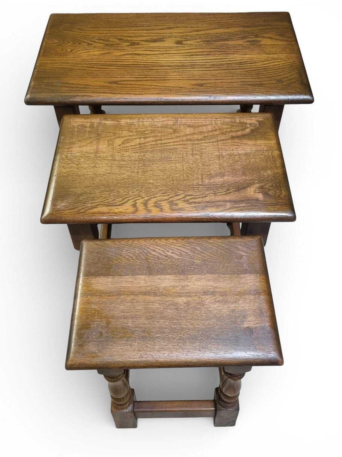 Vintage Old Charm Wood Bros  Solid Oak Wooden Nest Of 3 Tables  C1960