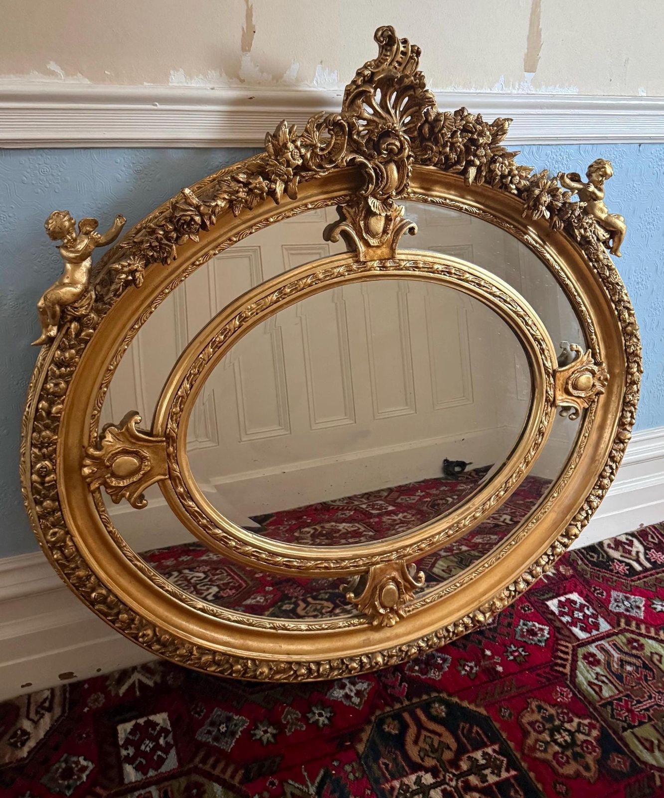 Large French Oval Mirror, Carved Cherubs And Floral Motifs, 120cm X 120cm