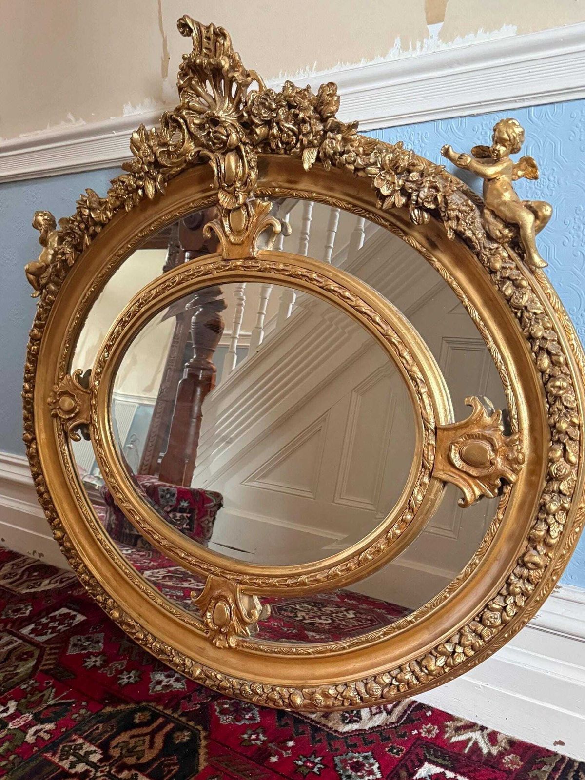 Large French Oval Mirror, Carved Cherubs And Floral Motifs, 120cm X 120cm photo furniture