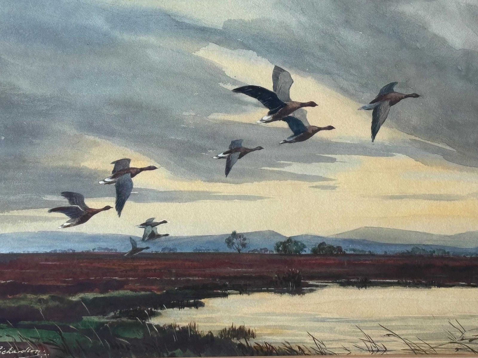 Henry Hughes Richardson ‘Wild Geese In Flight’ Original Watercolour C.1960 photo furniture