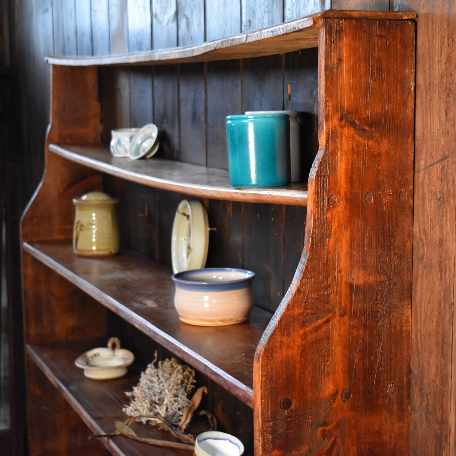 photo for sale Antique Rustic Farmhouse Elm & Pine Pegged Plate Rack Large Dresser Wall Shelves