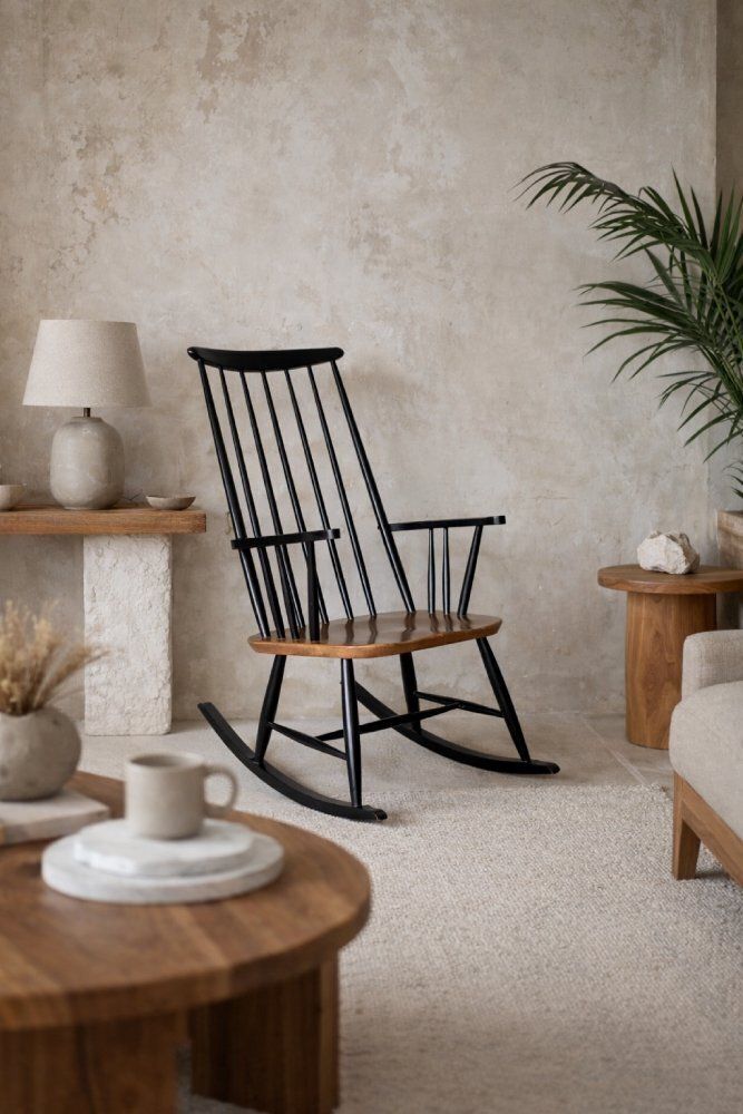 Mid Century Finnish Modern Wooden Rocking Chair By Ilmari Tapiovaara For Asko, 1960s photo for sale