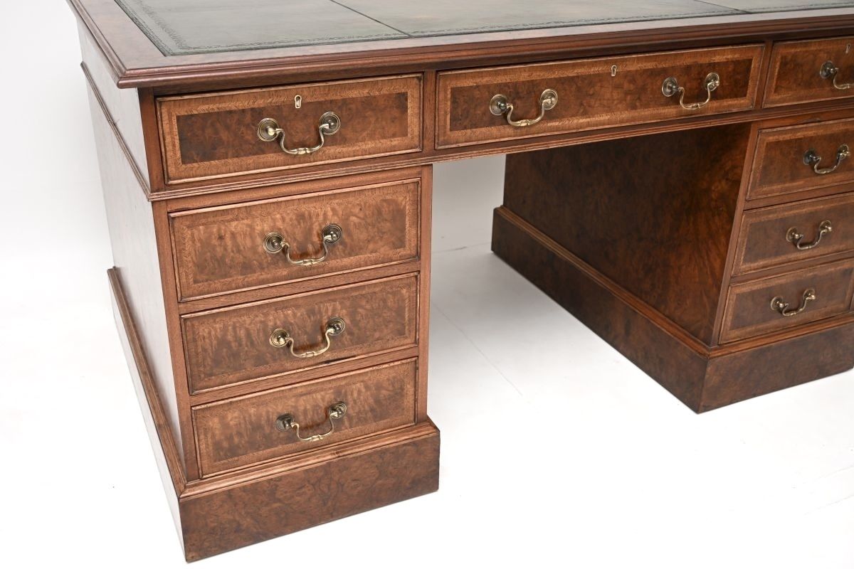 Antique Burr Walnut Leather Top Pedestal Desk photo for sale