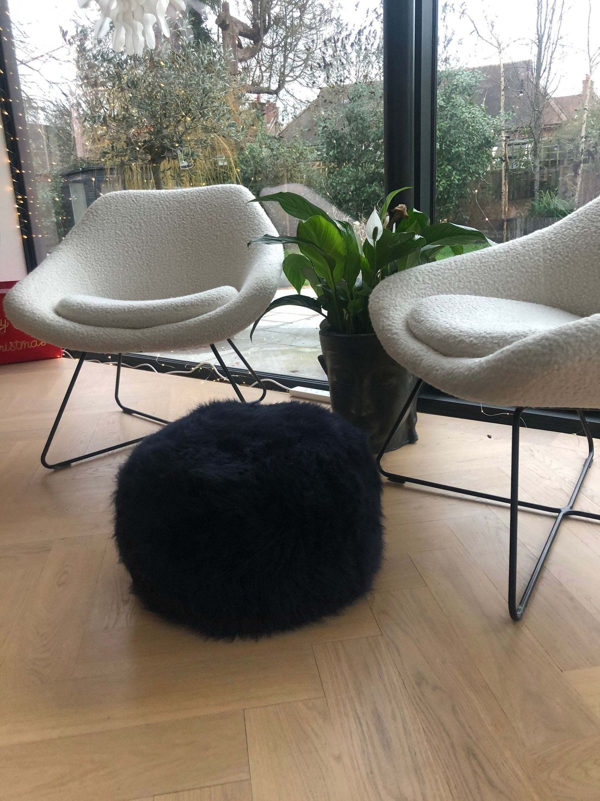 Dark Navy Blue Sheepskin Footstool, Sheepskin Pouffe , Fluffy Pouffe, Sheepskin, Footstool, Pouffe, Navy Sheepskin, photo furniture