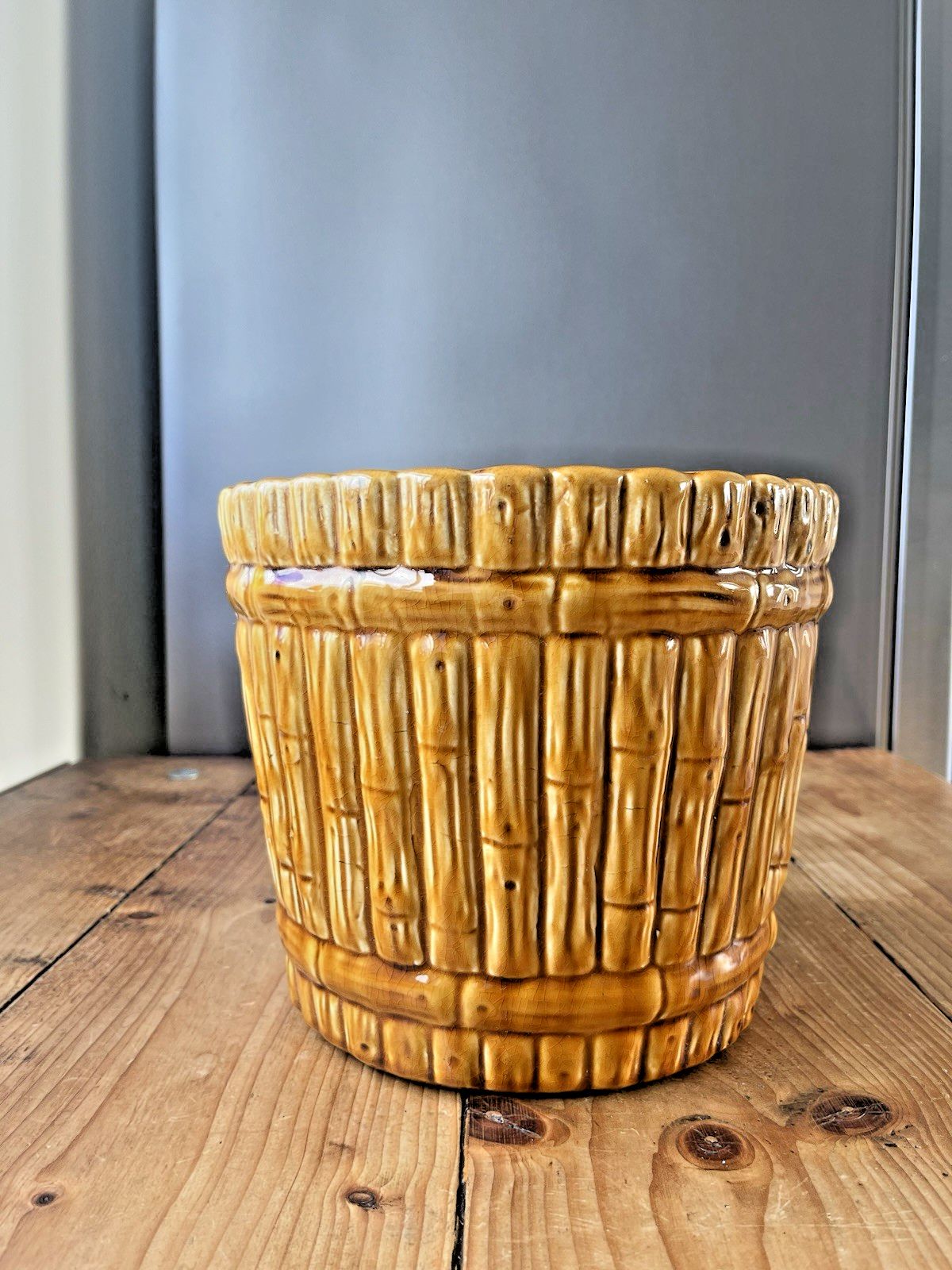 photo vinterior Antique Aesthetic Movement English Majolica Bamboo Planter Plant Pot Jardiniere DR Christopher Dresser Ault Linthorpe Style