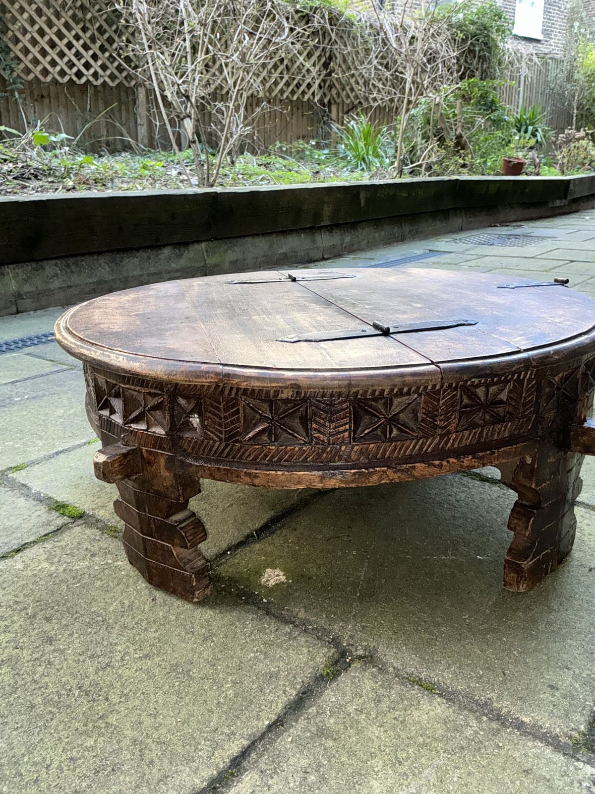 19th Century Antique Chakki Grinding Coffee Table With Hand Carved Teakwood Geometric Décor photo buy