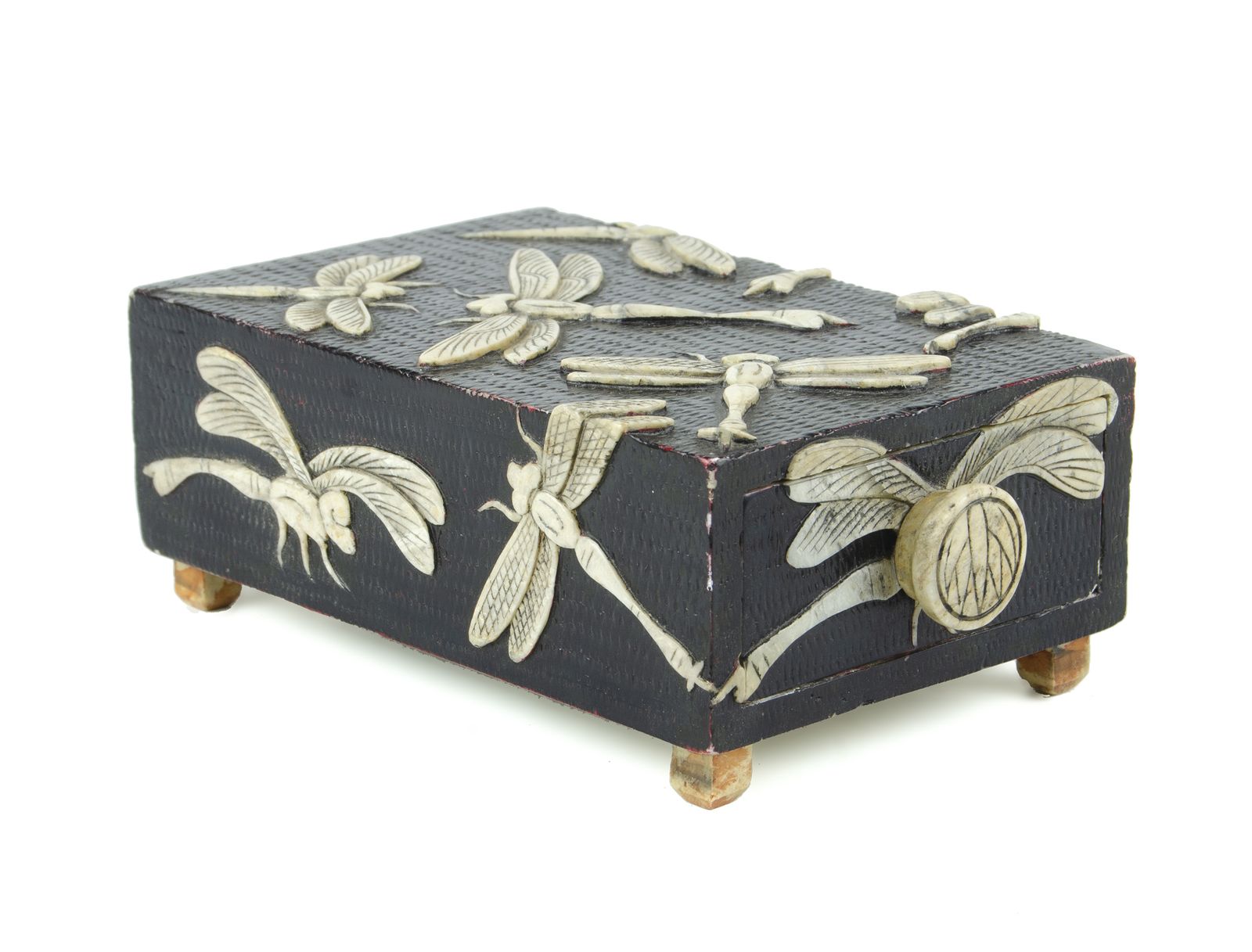 Pair Of Mid 20th Century Wood Jewelry Boxes With Carved Soapstone Dragonflies, Vietnam photo buy