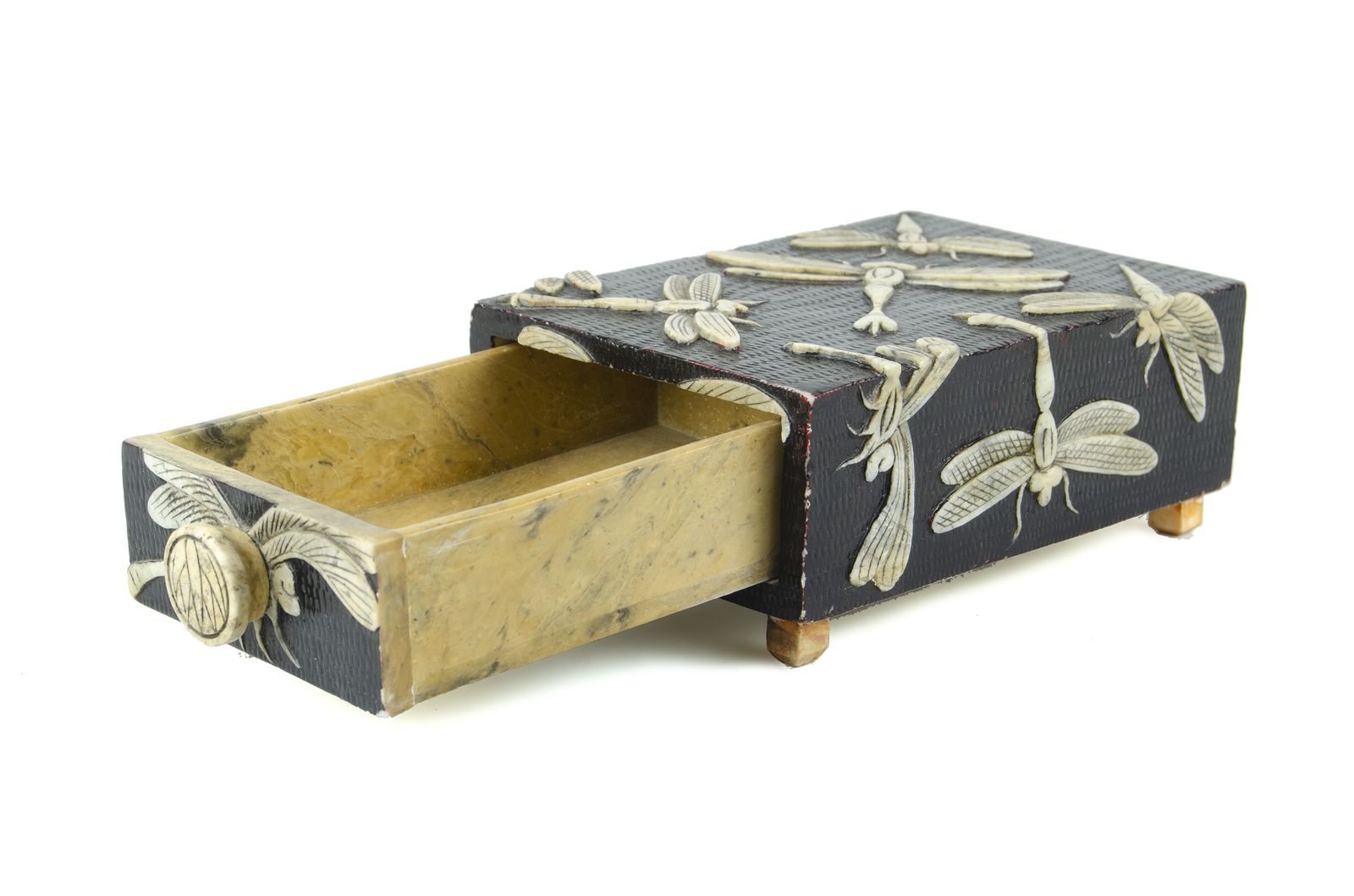 Pair Of Mid 20th Century Wood Jewelry Boxes With Carved Soapstone Dragonflies, Vietnam photo vintage