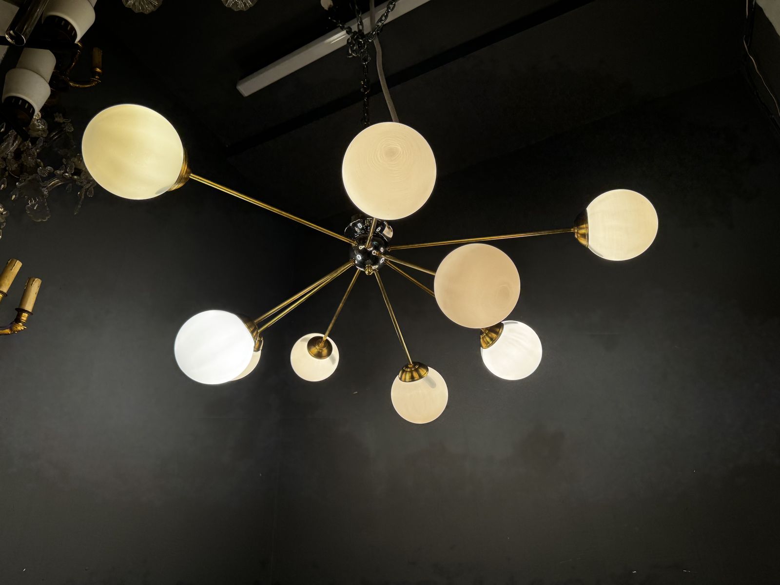 Post Modern Sputnik Chandelier In Brass And Opaline Glass, Italy, 1980s/90s photo furniture