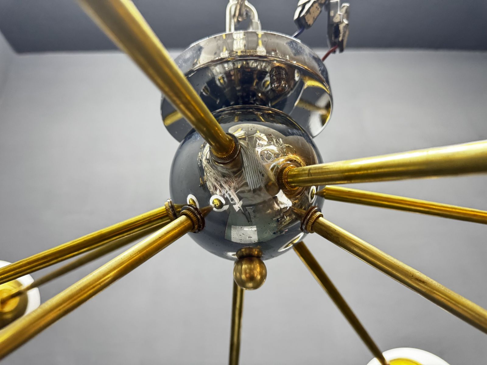 Post Modern Sputnik Chandelier In Brass And Opaline Glass, Italy, 1980s/90s photo buy
