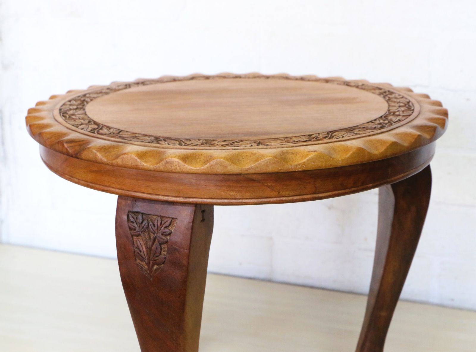 A Vintage Small Occasional Round Table Made From Teak With Carved Detailing Hand Made S.E.Asia photo 89.0