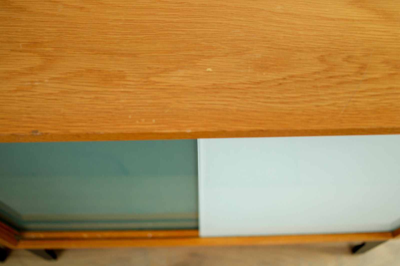 A Pair Of Vintage Mid Century Bedside Tables With Glass Sliding Doors photo vinterior