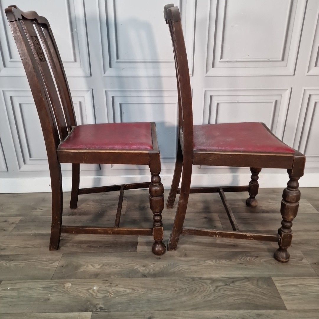 photo buy Antique Oak Dining Chairs Red Leather Seats Pair Arts & Crafts Vintage Seats