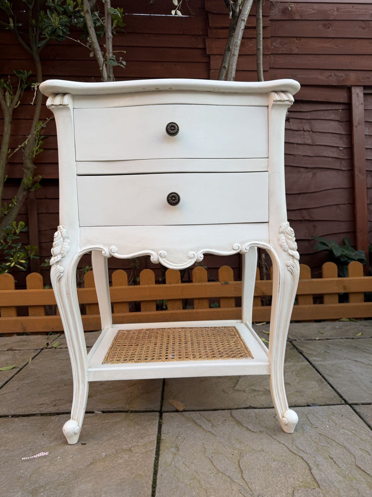 Beautiful Coach House Provence French Style 2 Draw White Bedside Table With Rattan – Superb Condition – £334 photo for sale